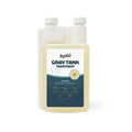 Gray tank treatment liquid bottle with front label and two white caps