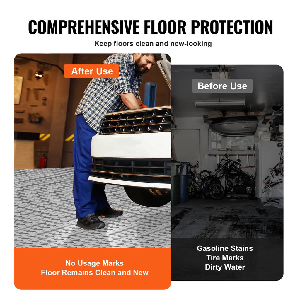 Silver garage floor tiles for easy cleanup and protection against spills and stains