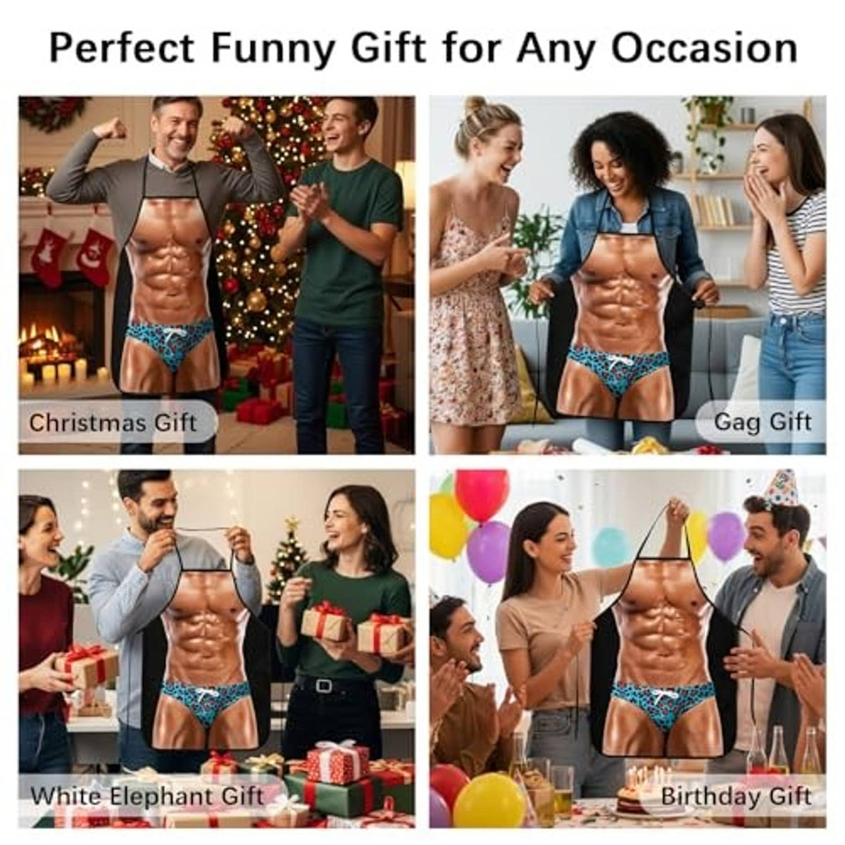 Funny muscle-man apron with printed muscular torso and blue leopard thong, black straps