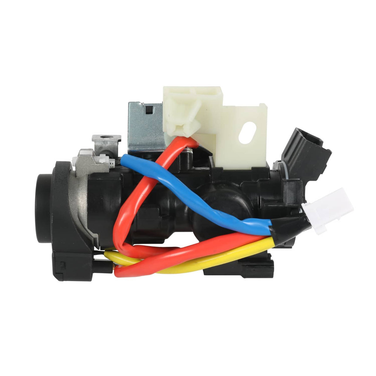 Ignition lock switch assembly showing colored wires and electrical connectors, black casing