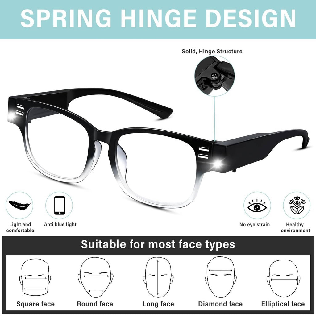 Black LED reading glasses with spring hinge temples and anti-blue lens