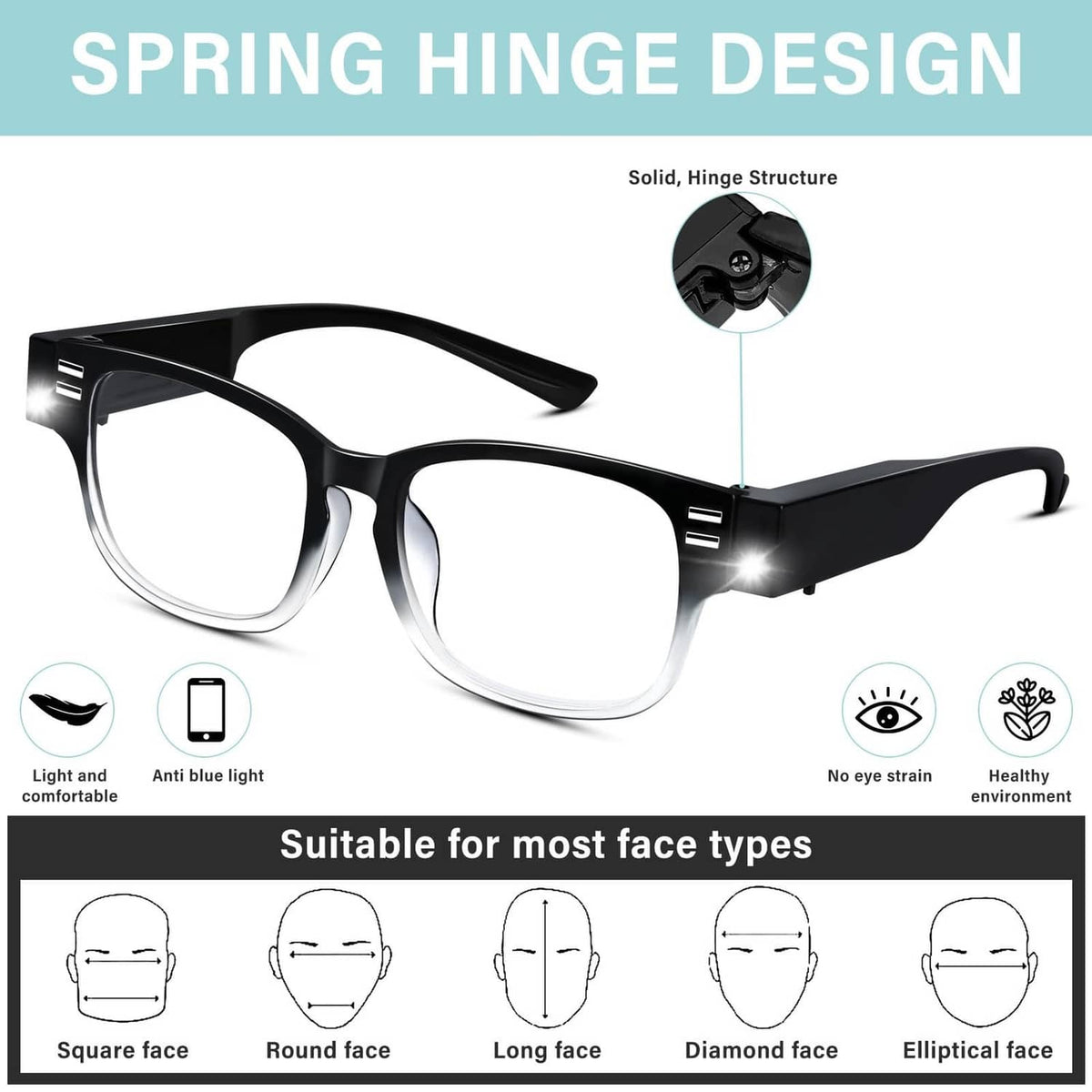 Black LED reading glasses with spring hinge temples and anti-blue lens