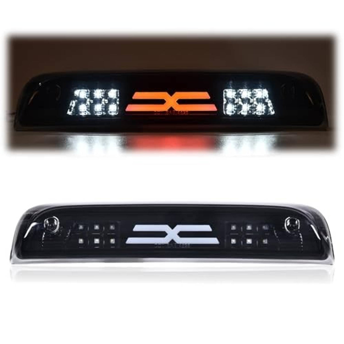 Black tinted LED brake light bar with orange X center and four LED blocks each side
