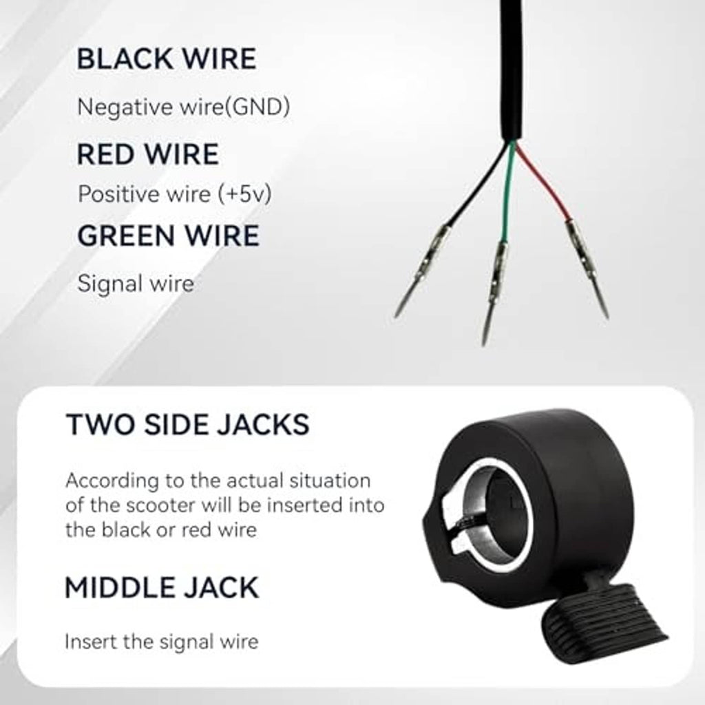 Black throttle wiring harness with three colored wires and two side jacks