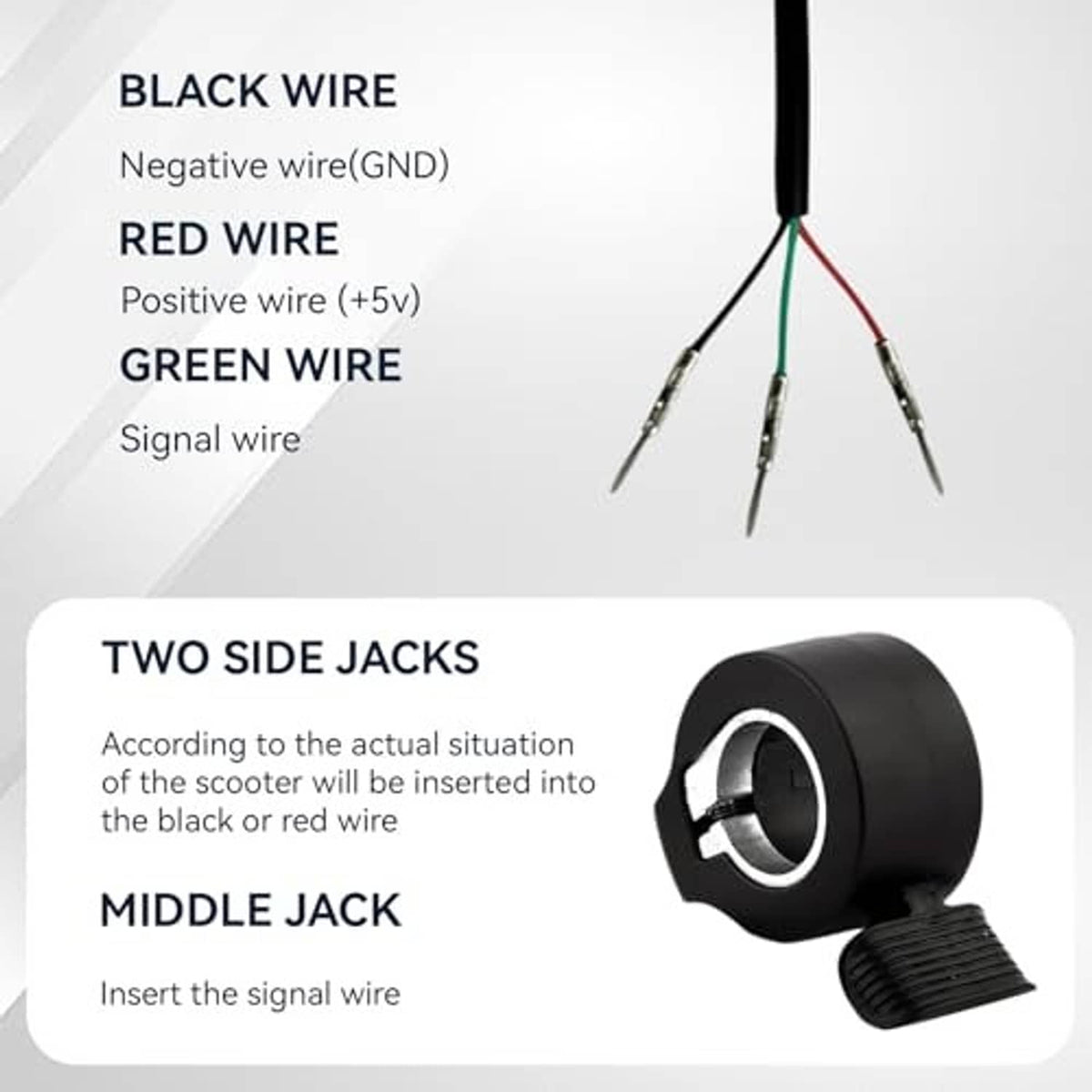 Black throttle wiring harness with three colored wires and two side jacks