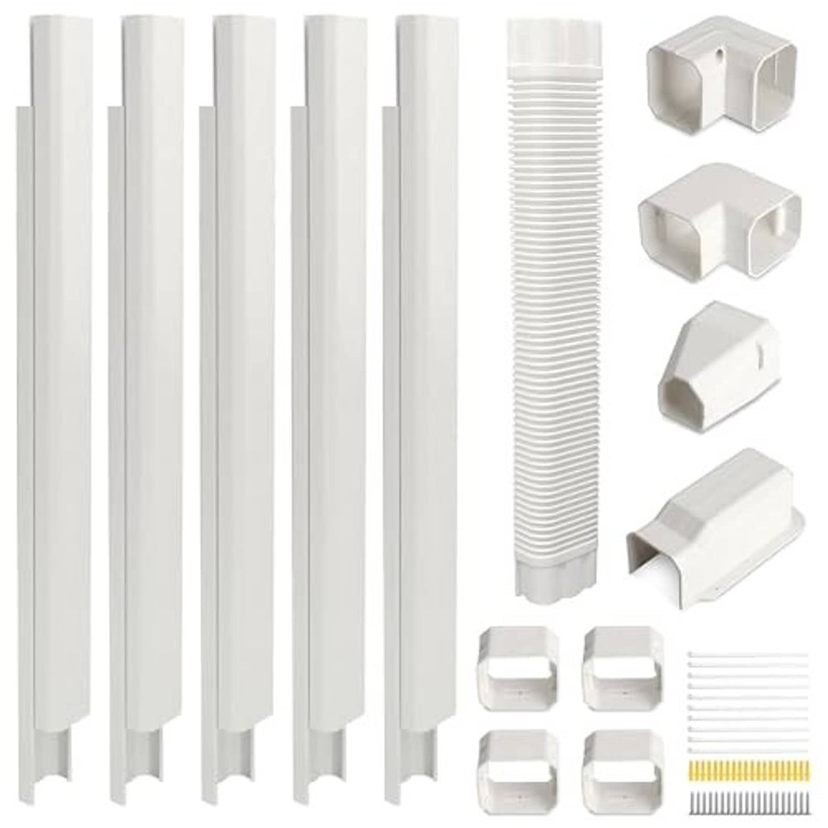 White PVC mini split line cover set with straight duct, elbows, and couplers