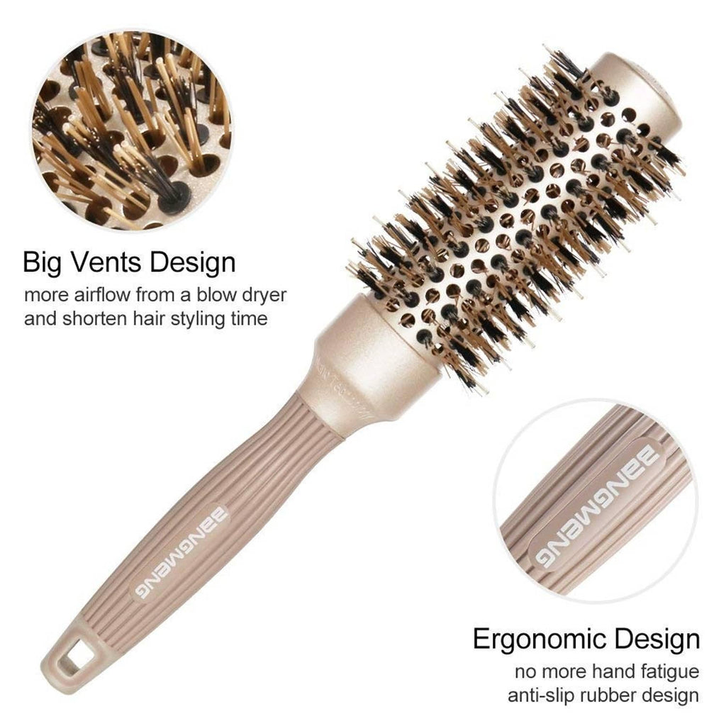 Round barrel hair brush with gold bristles and beige ribbed ergonomic handle