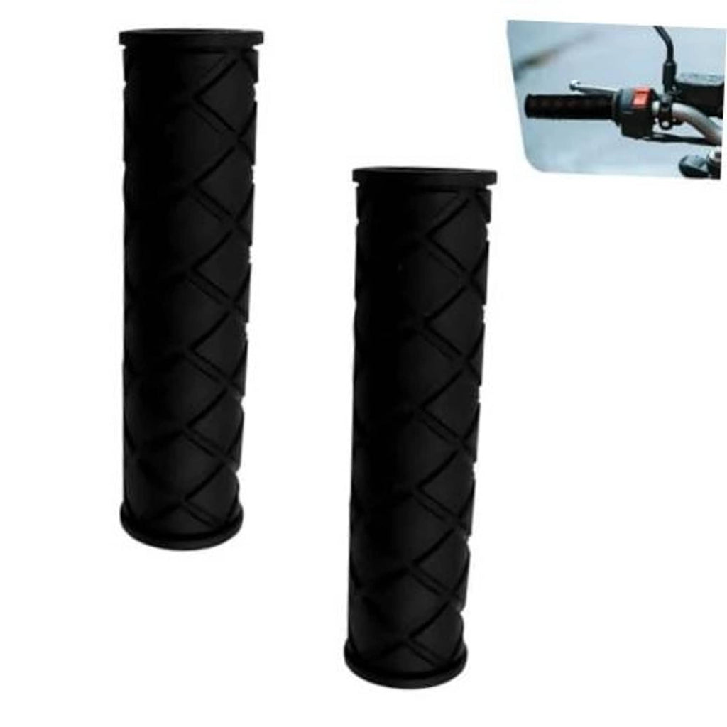 Pair of black motorcycle hand grips with textured diamond pattern, non-slip rubber