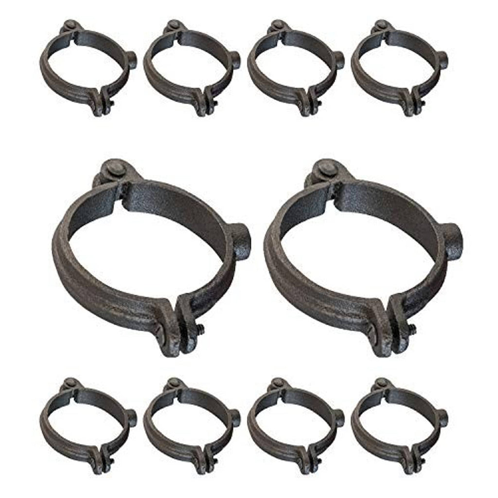 Assorted dark metal hinged split ring pipe hangers with rounded loop and threaded end