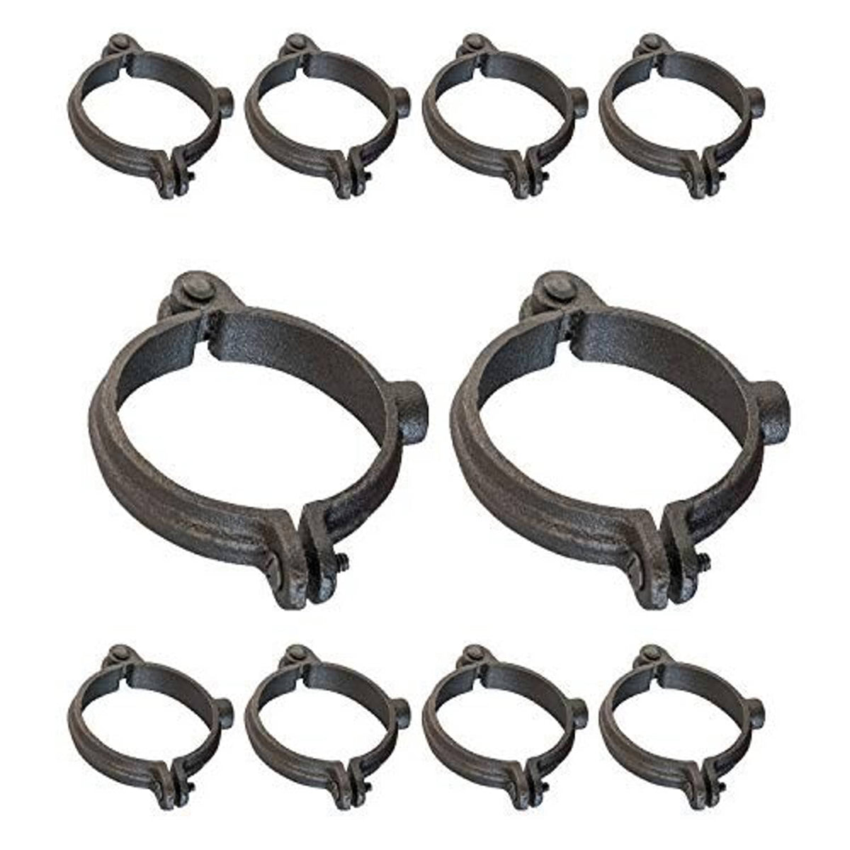 Assorted dark metal hinged split ring pipe hangers with rounded loop and threaded end