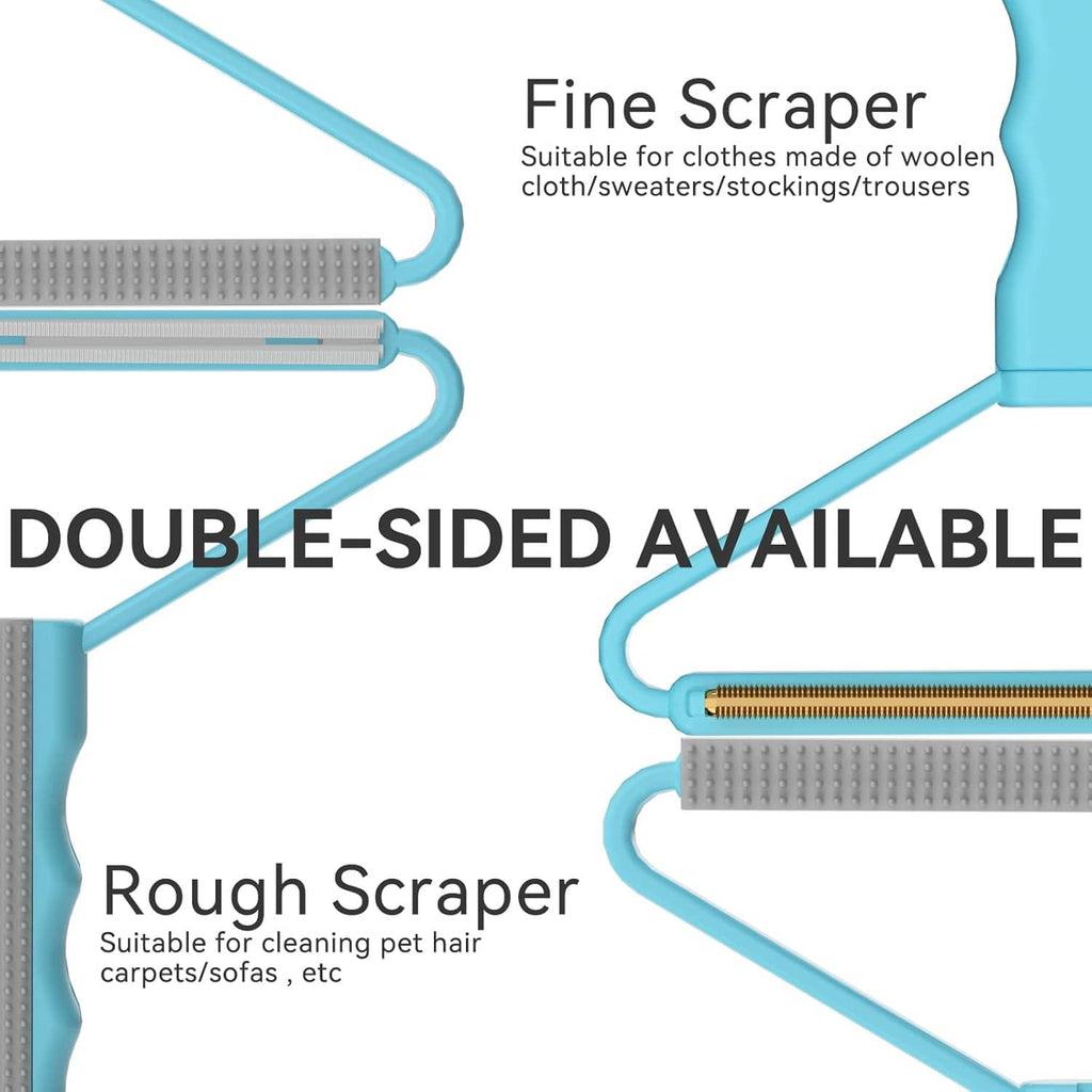Two-sided pet hair scraper with fine and rough comb edges on a blue frame