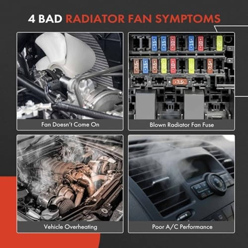 Radiator cooling fan symptoms collage with fuse box and engine bay photos