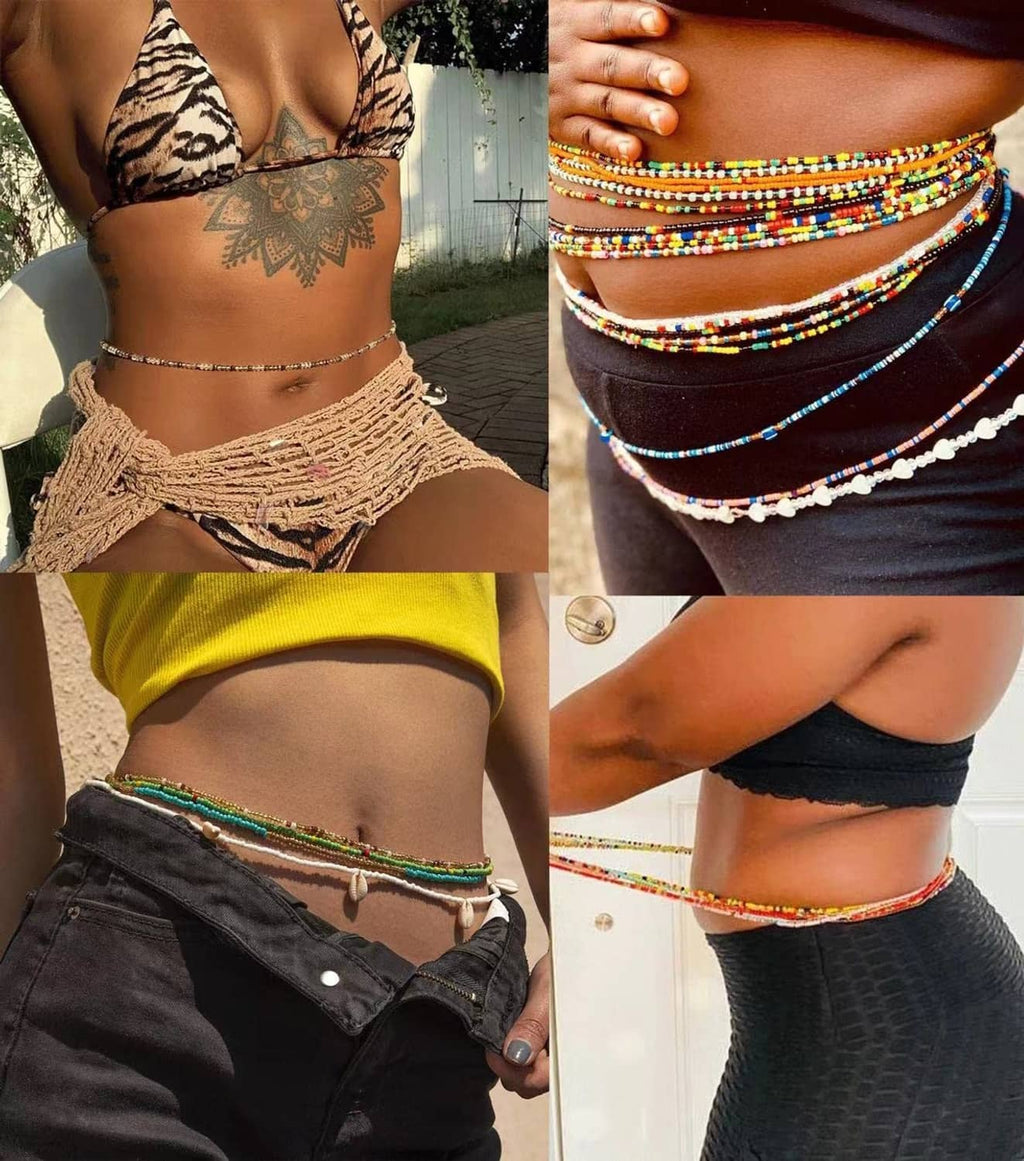 Women's layered waist bead chains in gold, blue, green, and red around the midriff
