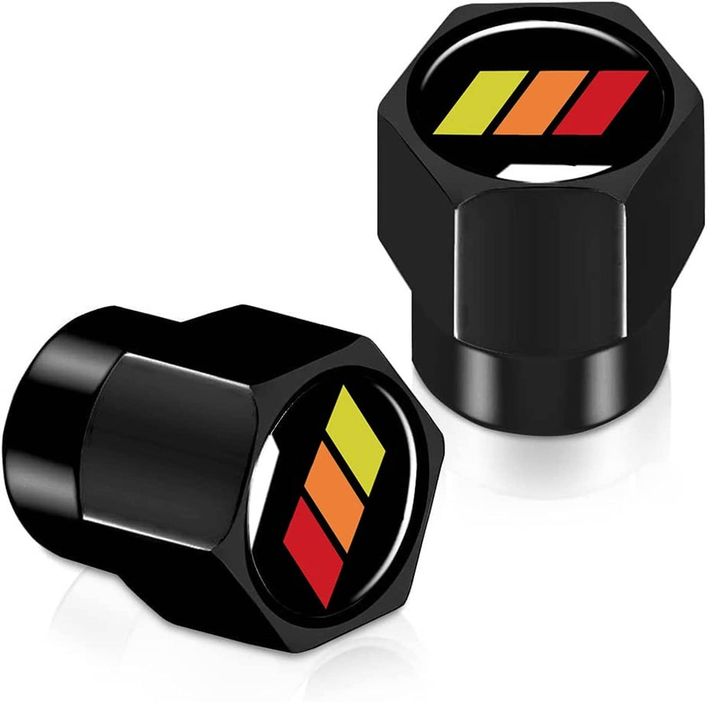 Black tire valve stem cap set with tricolor stripe emblem and hex opening top