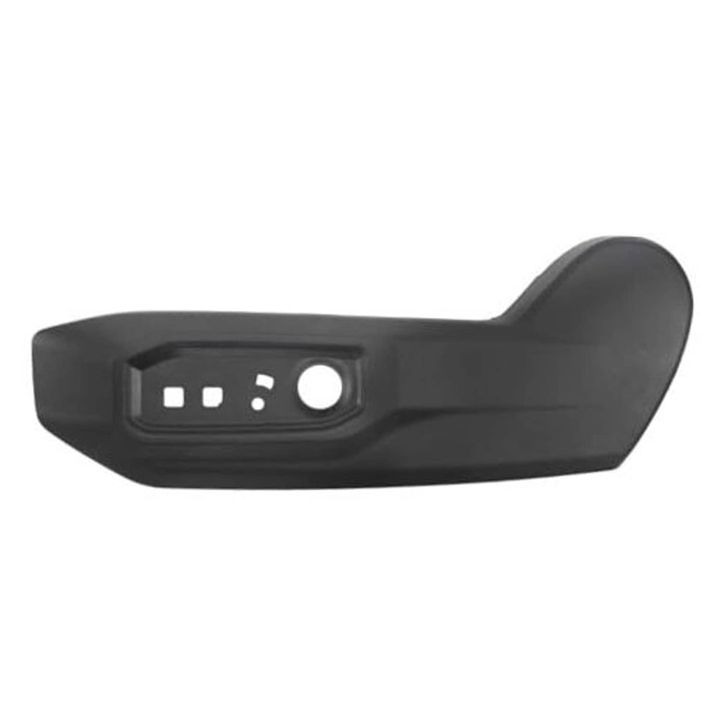 Driver side seat panel trim cover, matte dark finish with control cutouts and round hole