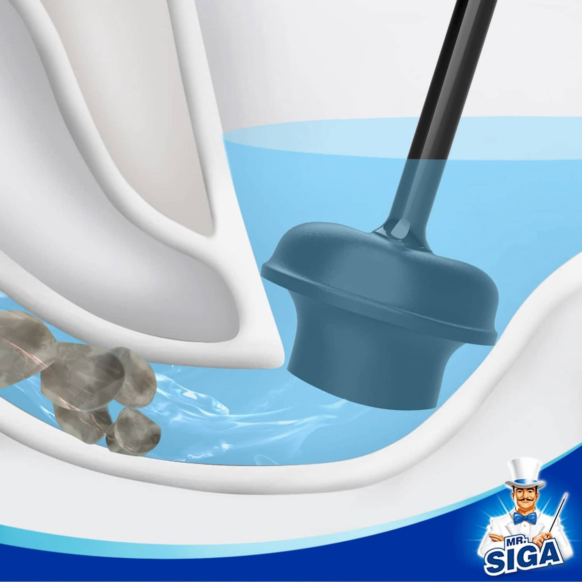 Black rubber plunger cup pressing into a toilet drain area.