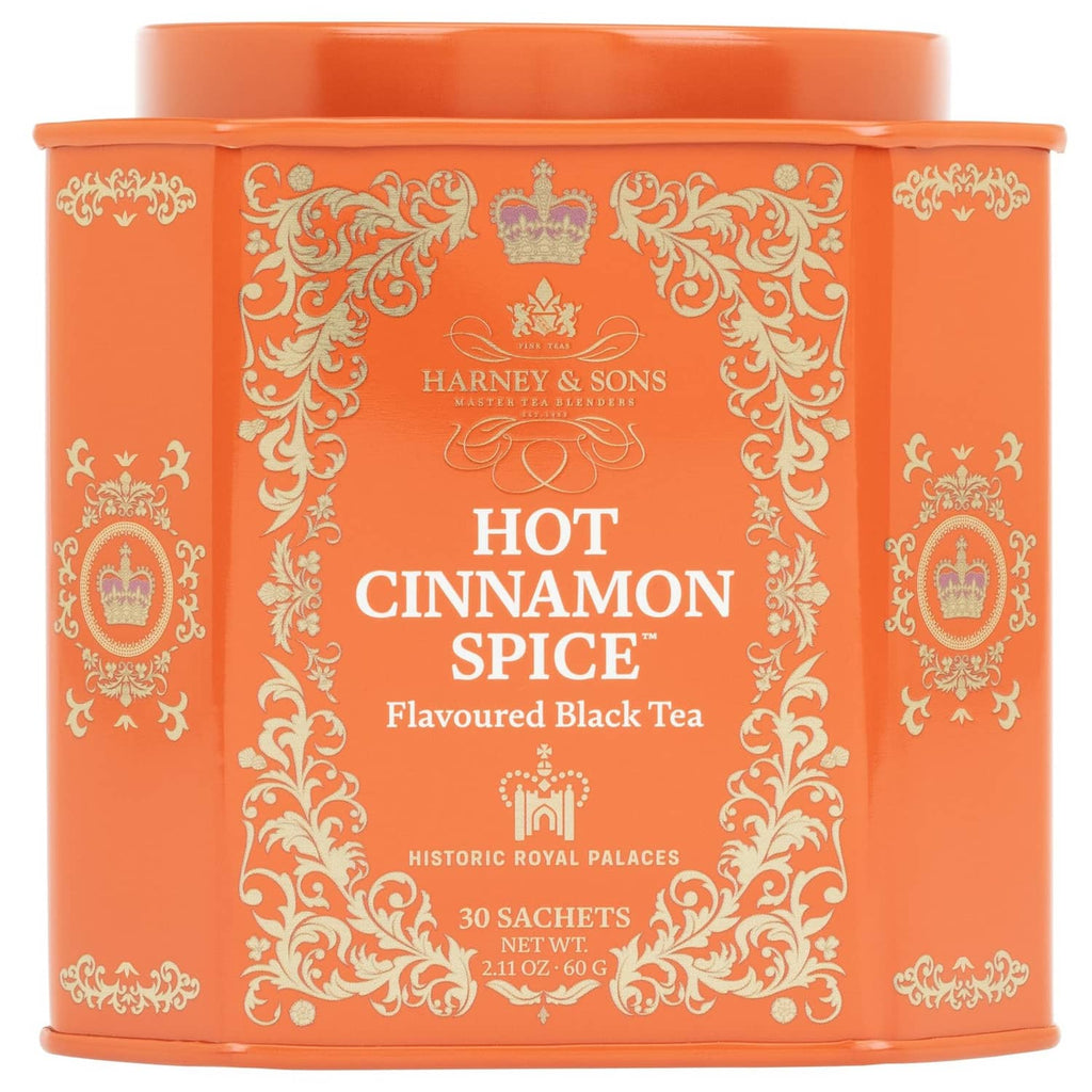 Orange tea tin for Hot Cinnamon Spice black tea, 30 sachets, front design