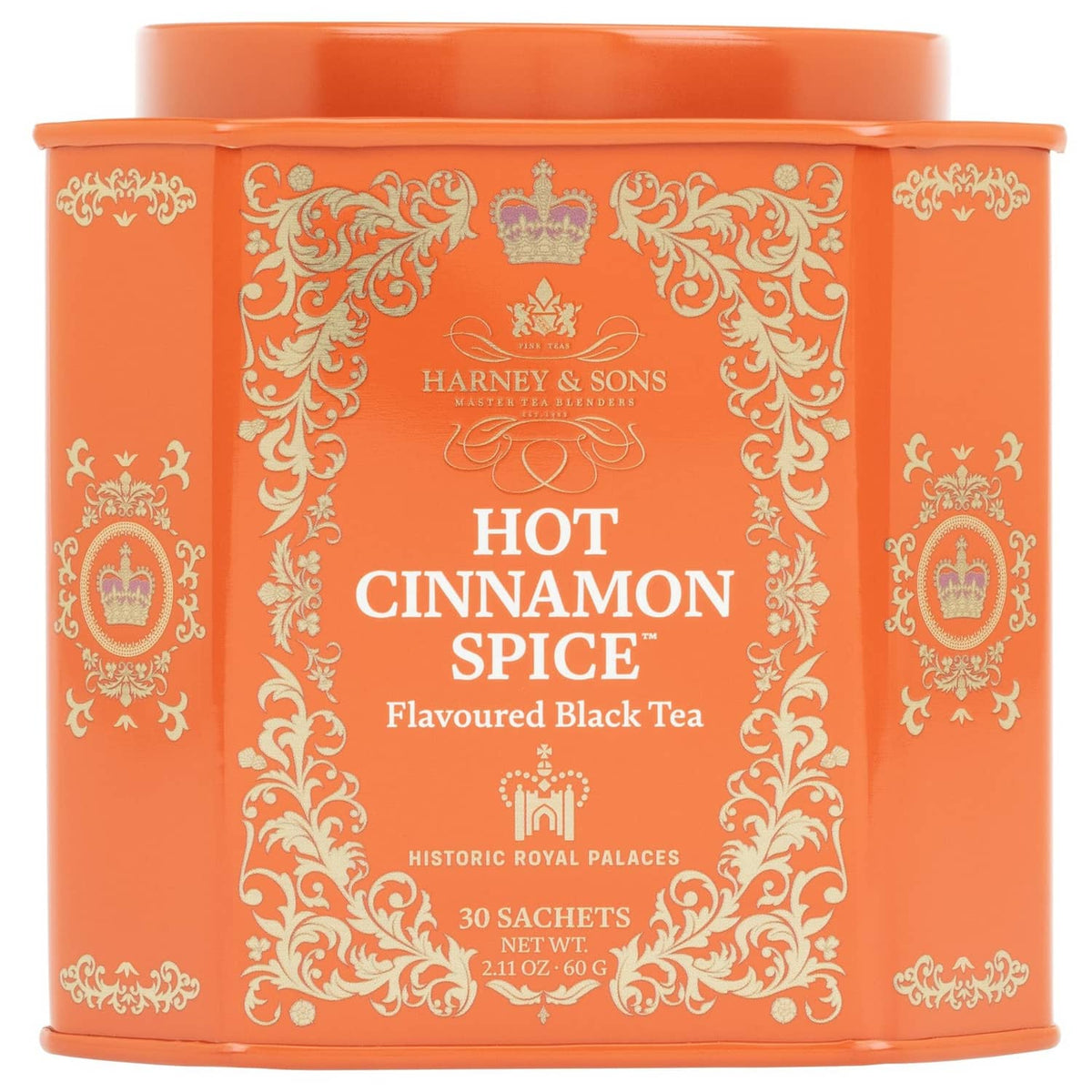 Orange tea tin for Hot Cinnamon Spice black tea, 30 sachets, front design