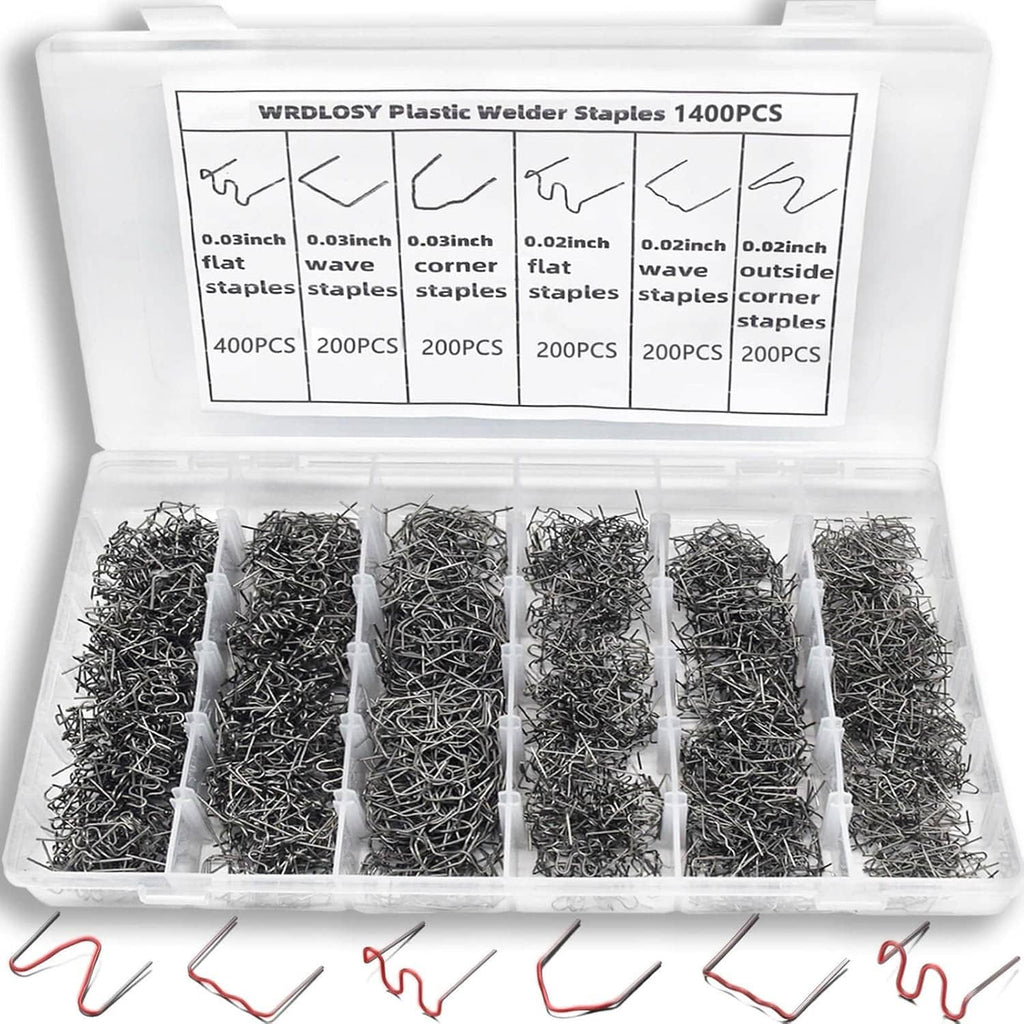 Plastic welding staples kit box with assorted metal staples neatly packed in tray sections