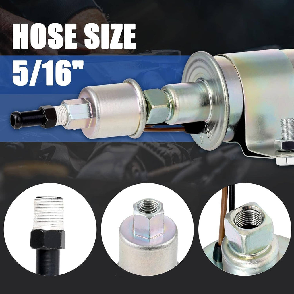 Electric fuel pump with threaded outlet fitting and fuel hose connection end details