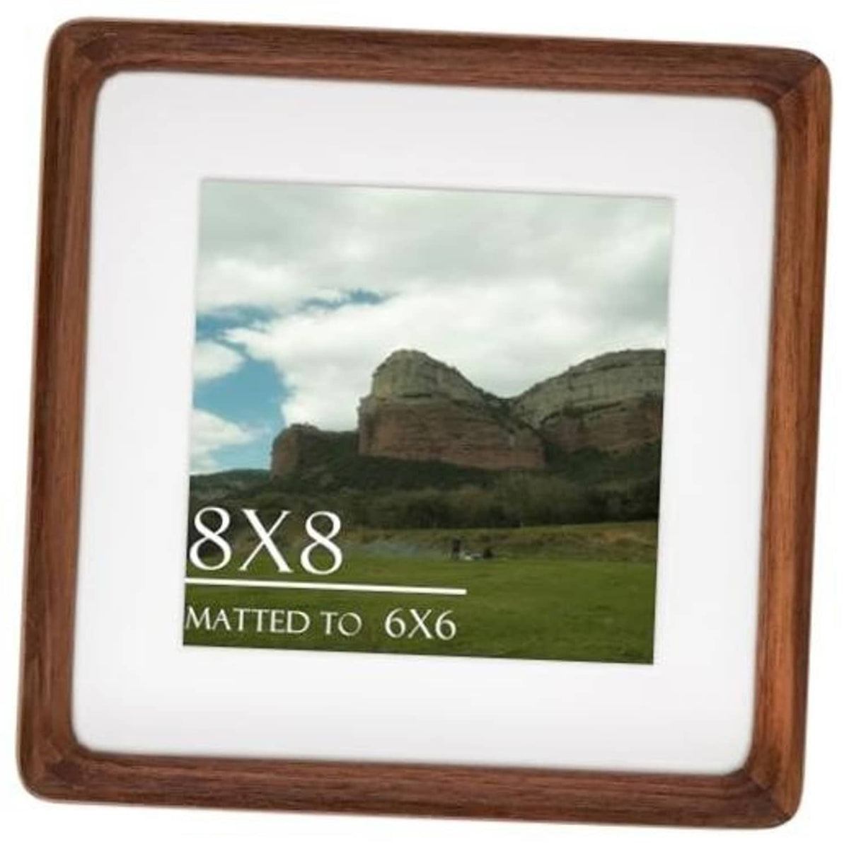 Walnut wood picture frame with white mat holding an 8x8 photo.
