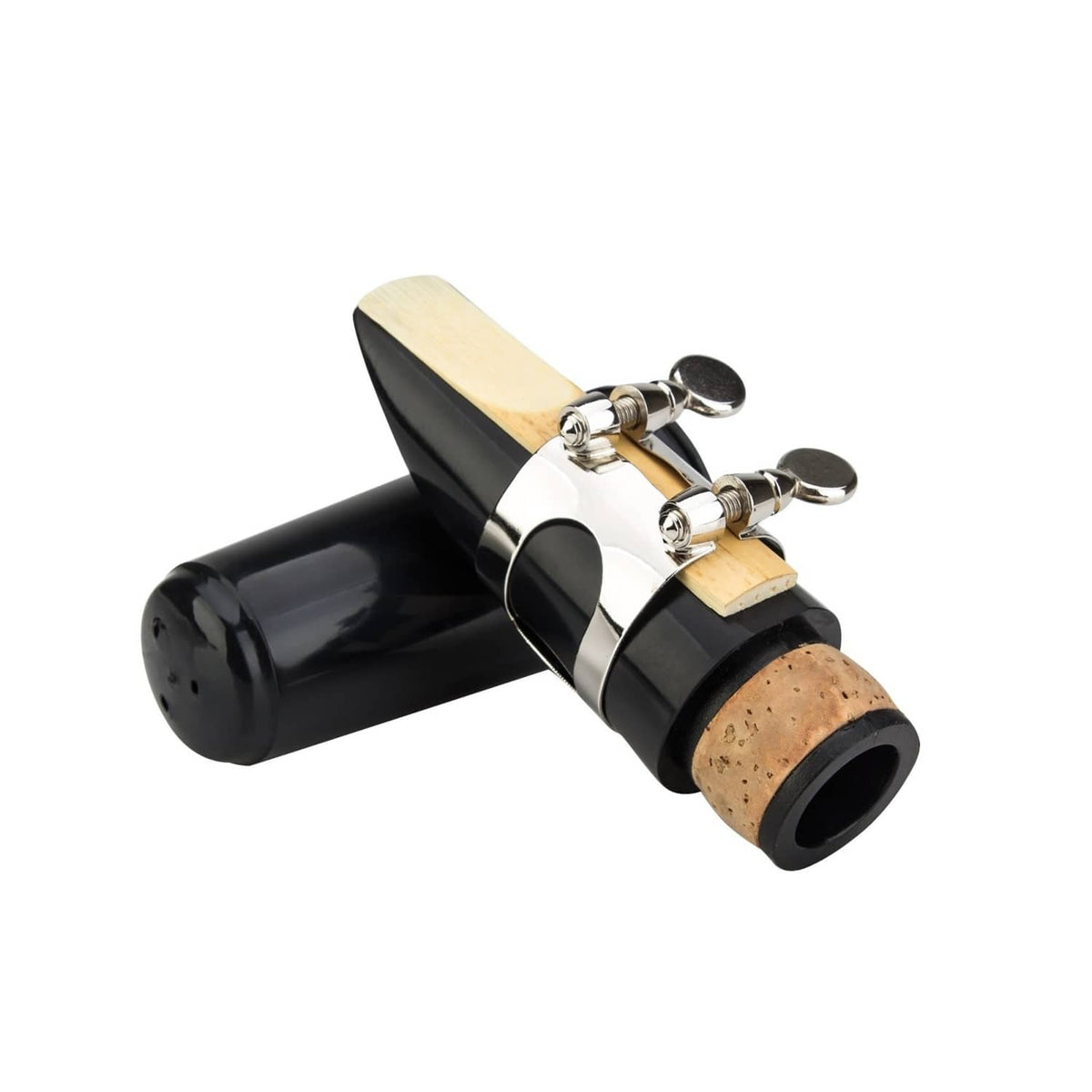 Clarinet mouthpiece kit with black mouthpiece, brass ligature, cork reed, and plastic cap