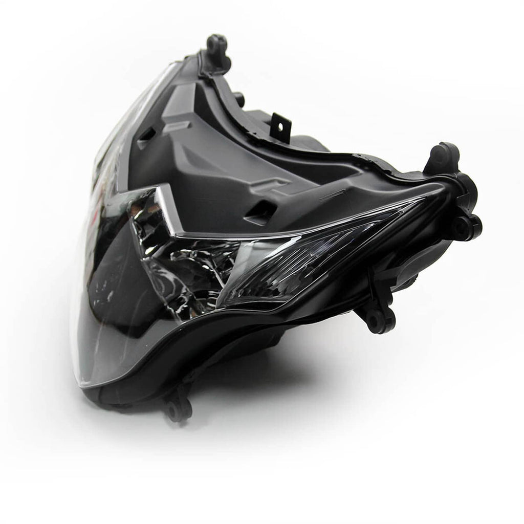 Motorcycle headlight assembly side view with clear lens and black mounting hardware