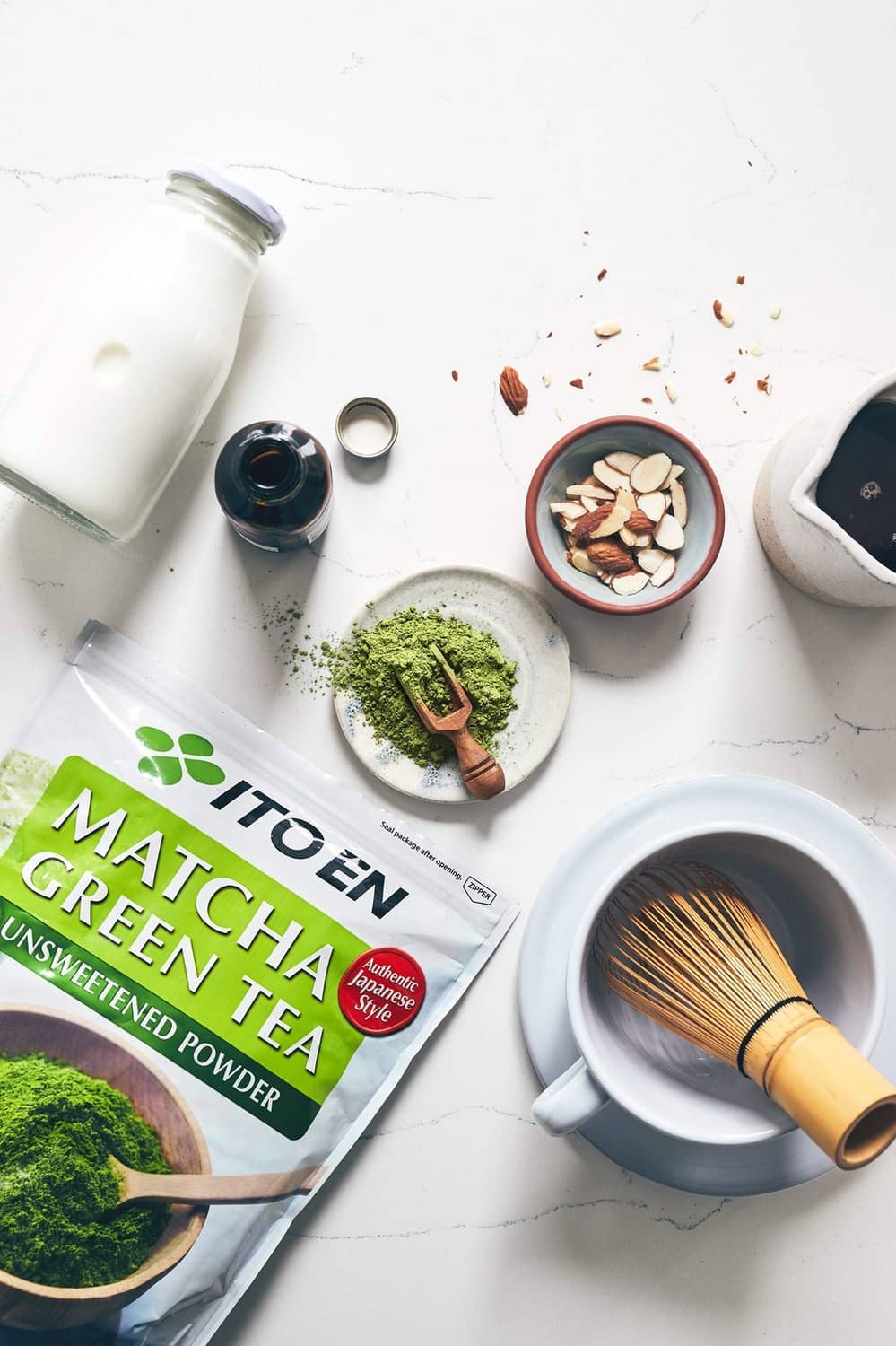 Ito En matcha green tea unsweetened powder pouch, angled view