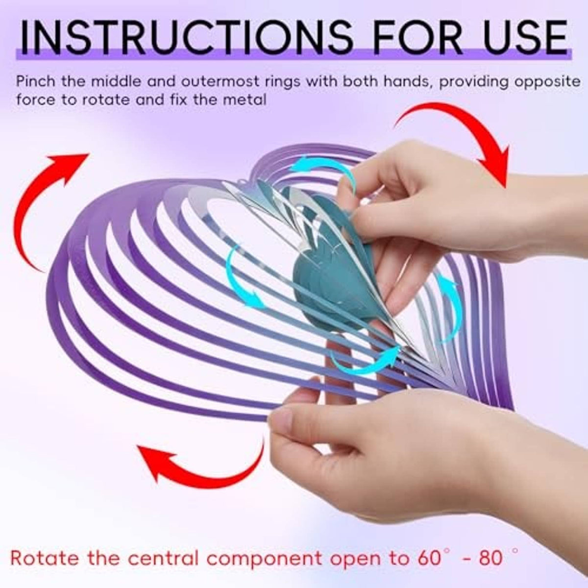 Heart wind spinner with rotating purple-blue gradient metal rings, with hands, hook and charm.