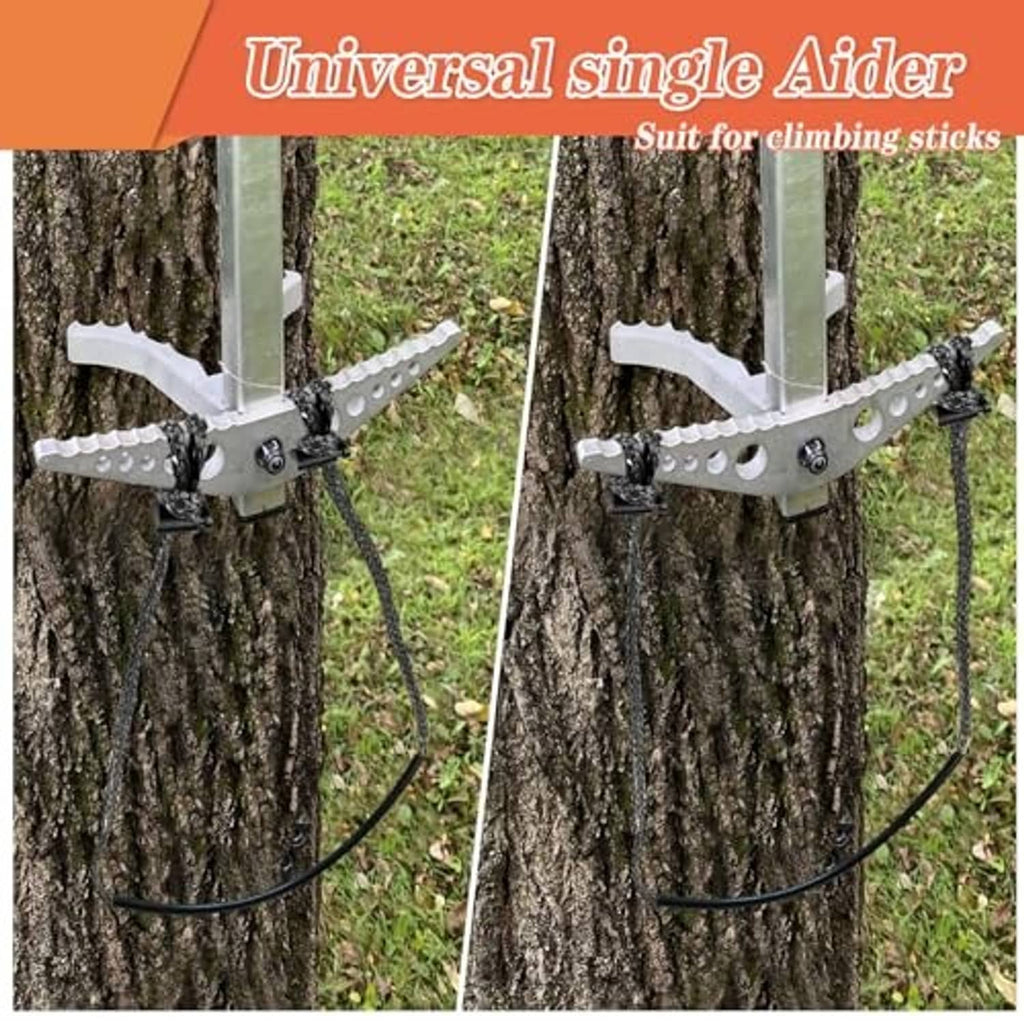 Dark rope single-step aider attached to a tree-climbing stick with a metal bracket