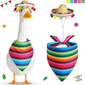 Multicolor porch goose outfit with straw sombrero, pom-pom trim, and striped bandana