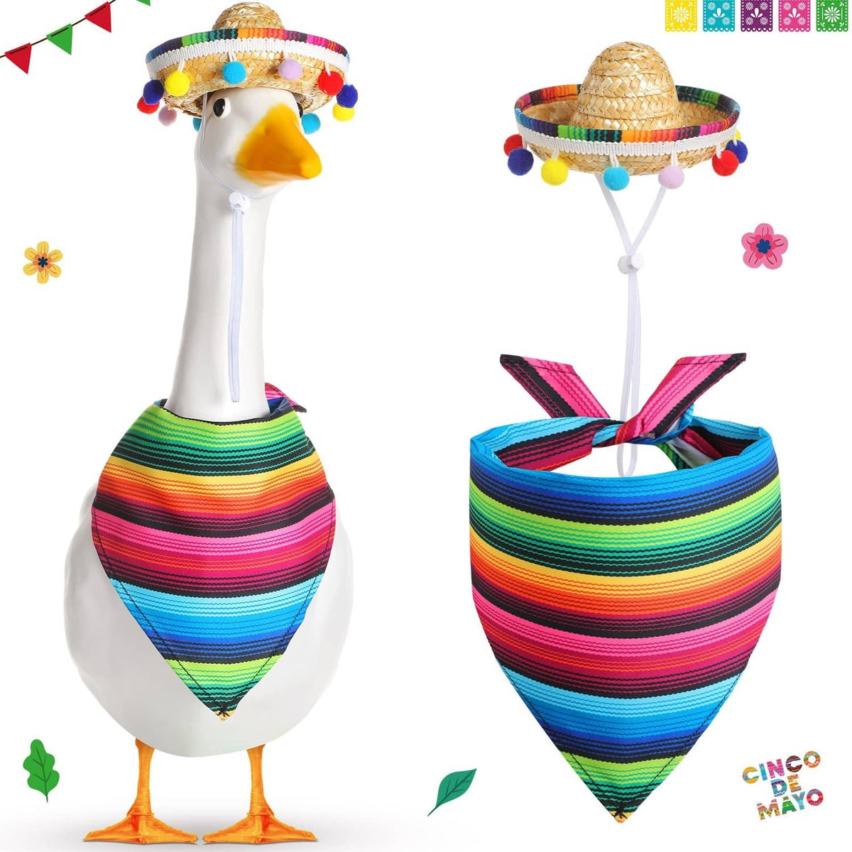 Multicolor porch goose outfit with straw sombrero, pom-pom trim, and striped bandana