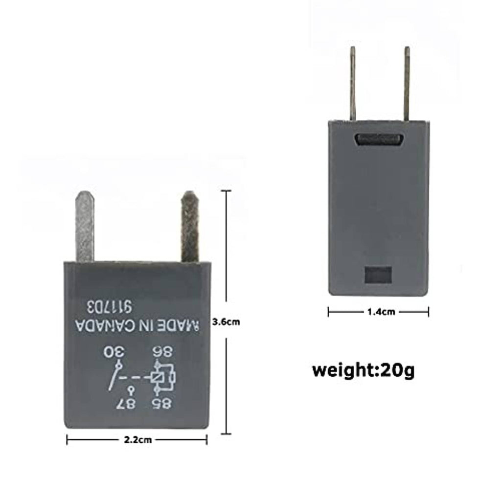 Automotive relay with size specs shown: 2.2cm by 3.6cm, weight 20g