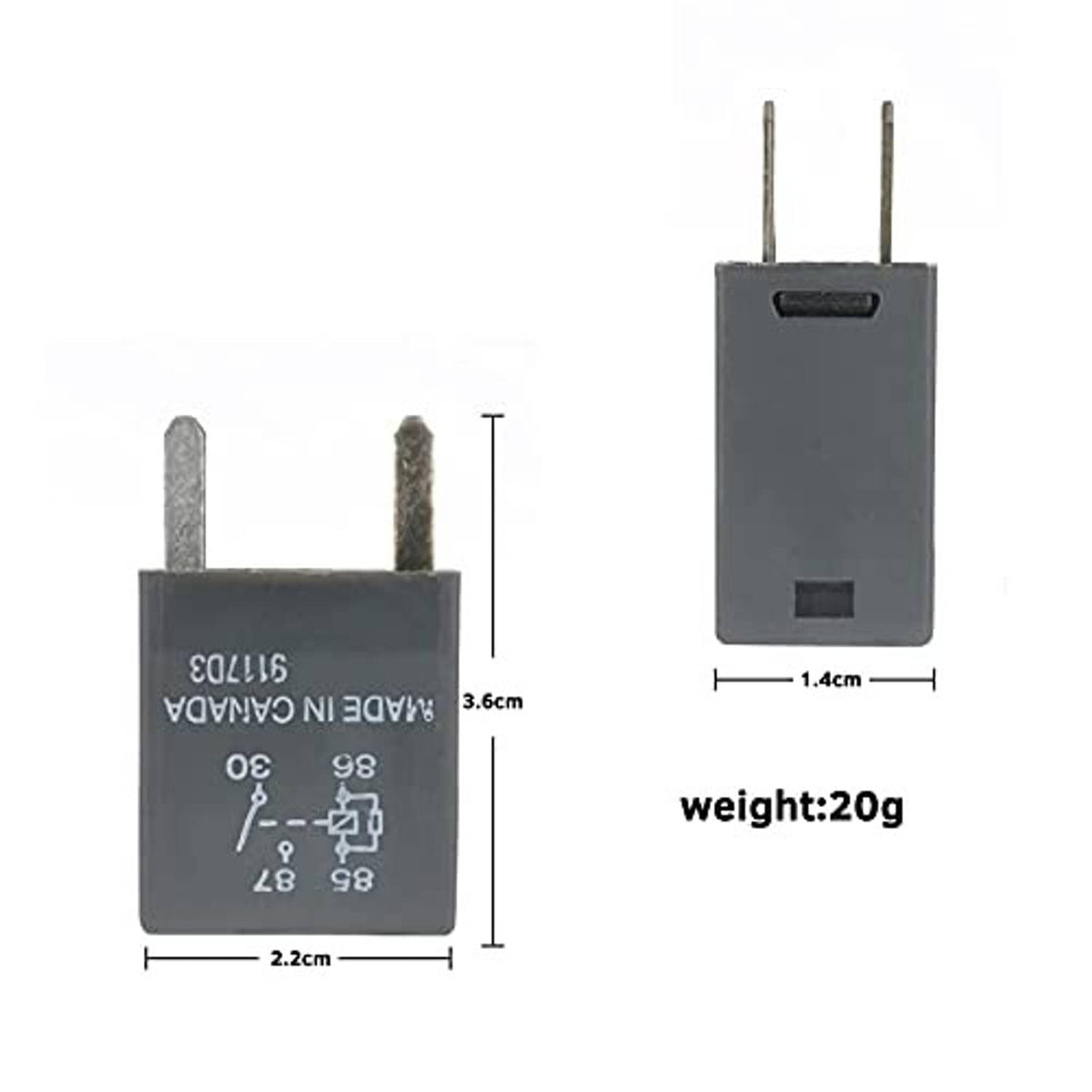 Automotive relay with size specs shown: 2.2cm by 3.6cm, weight 20g