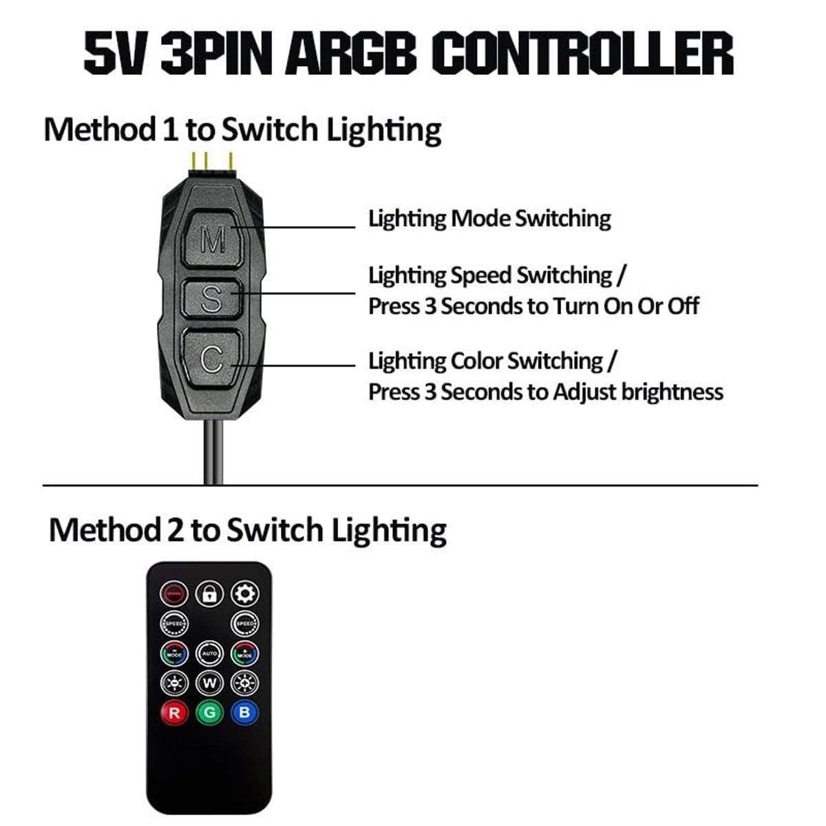 ARGB controller module showing M S C buttons for lighting mode switching