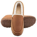 Beige men's moccasin slippers with plush lining and textured rubber outsole