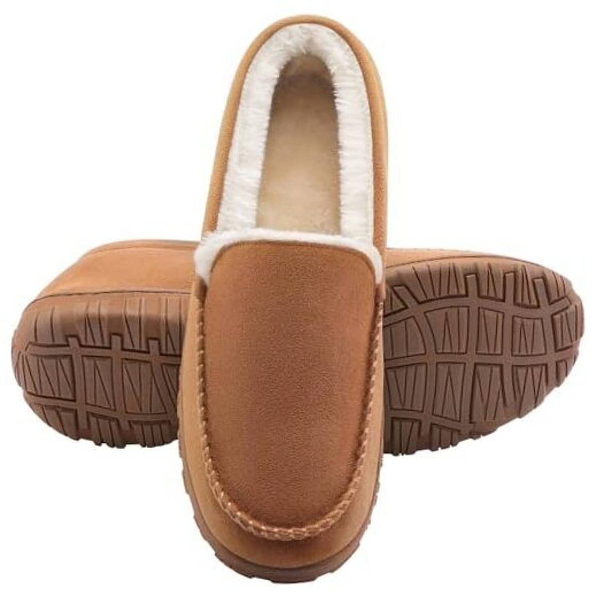 Beige men's moccasin slippers with plush lining and textured rubber outsole