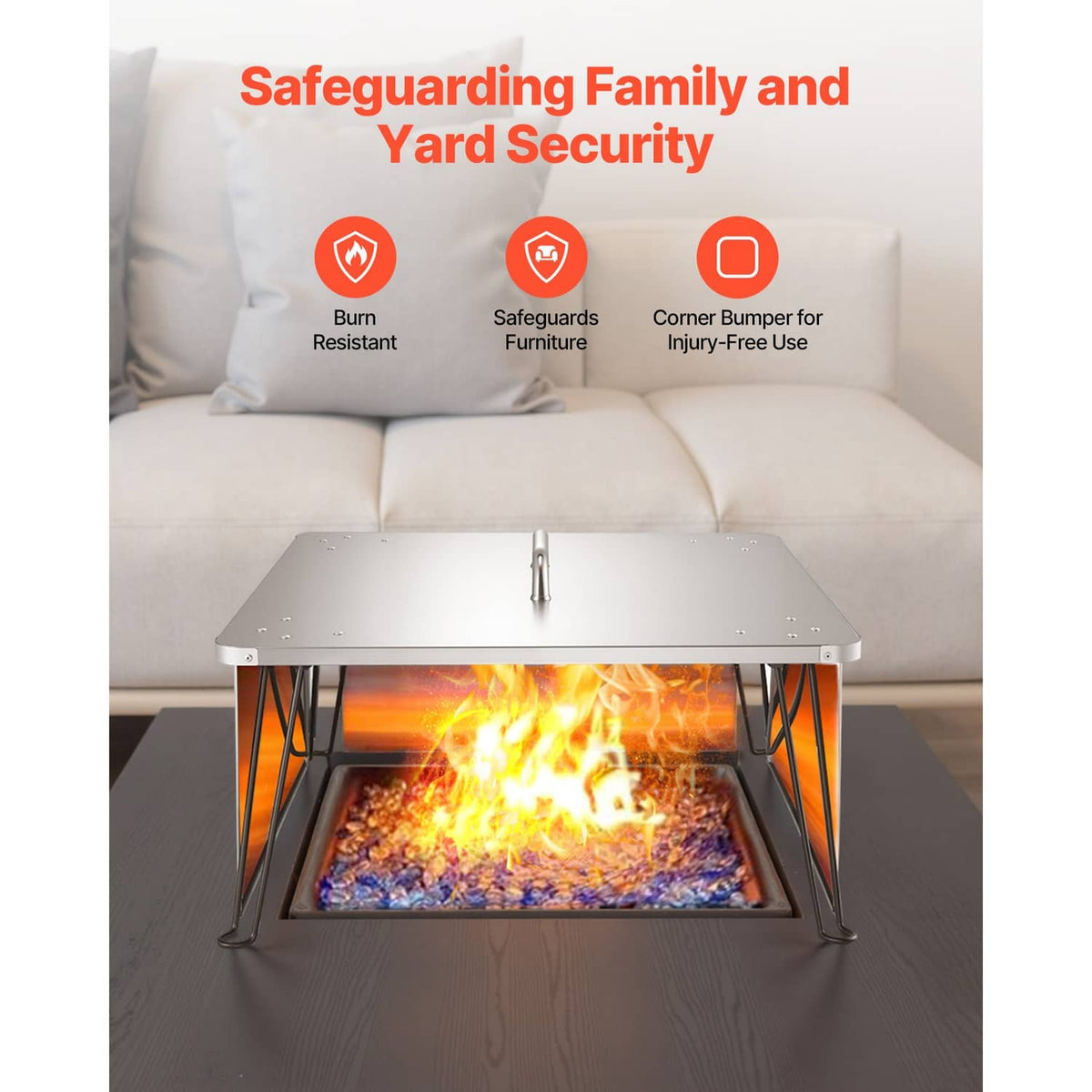 Square stainless steel heat deflector plate positioned over a burning fire pit