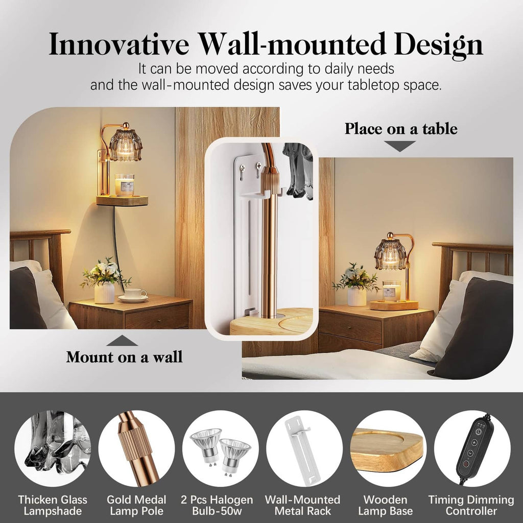Wall-mountable candle warmer lamp on wooden base with glass shade