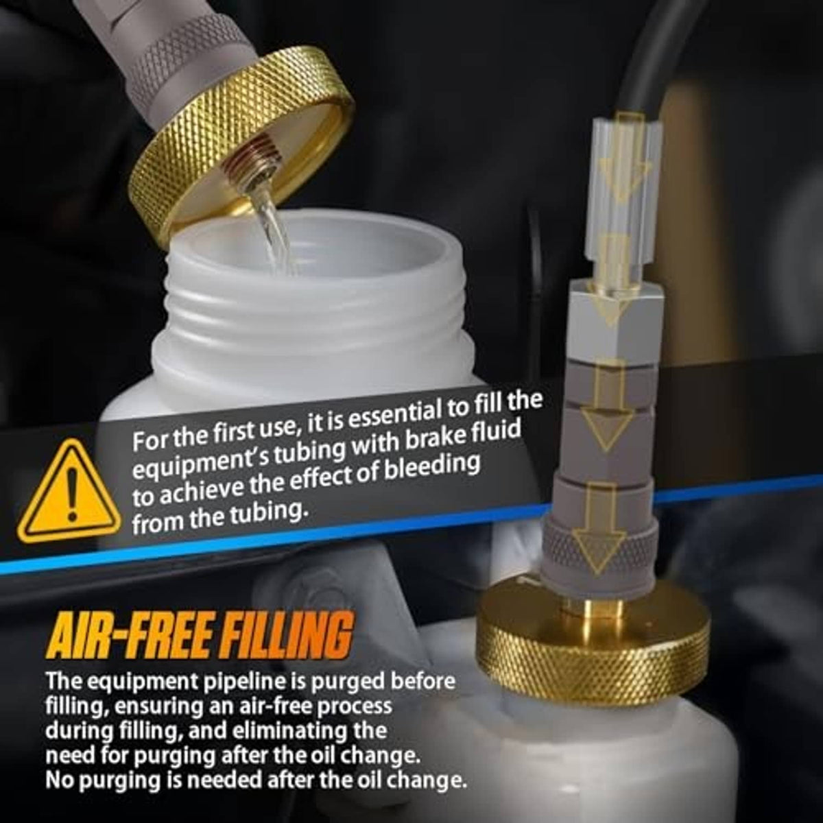 Brake fluid bleeder filling nozzle dispensing into reservoir bottle with adapter