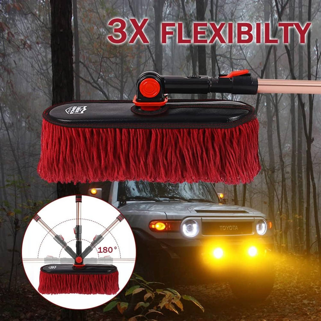 Flexible car duster mop with red microfiber wide head and black swivel base