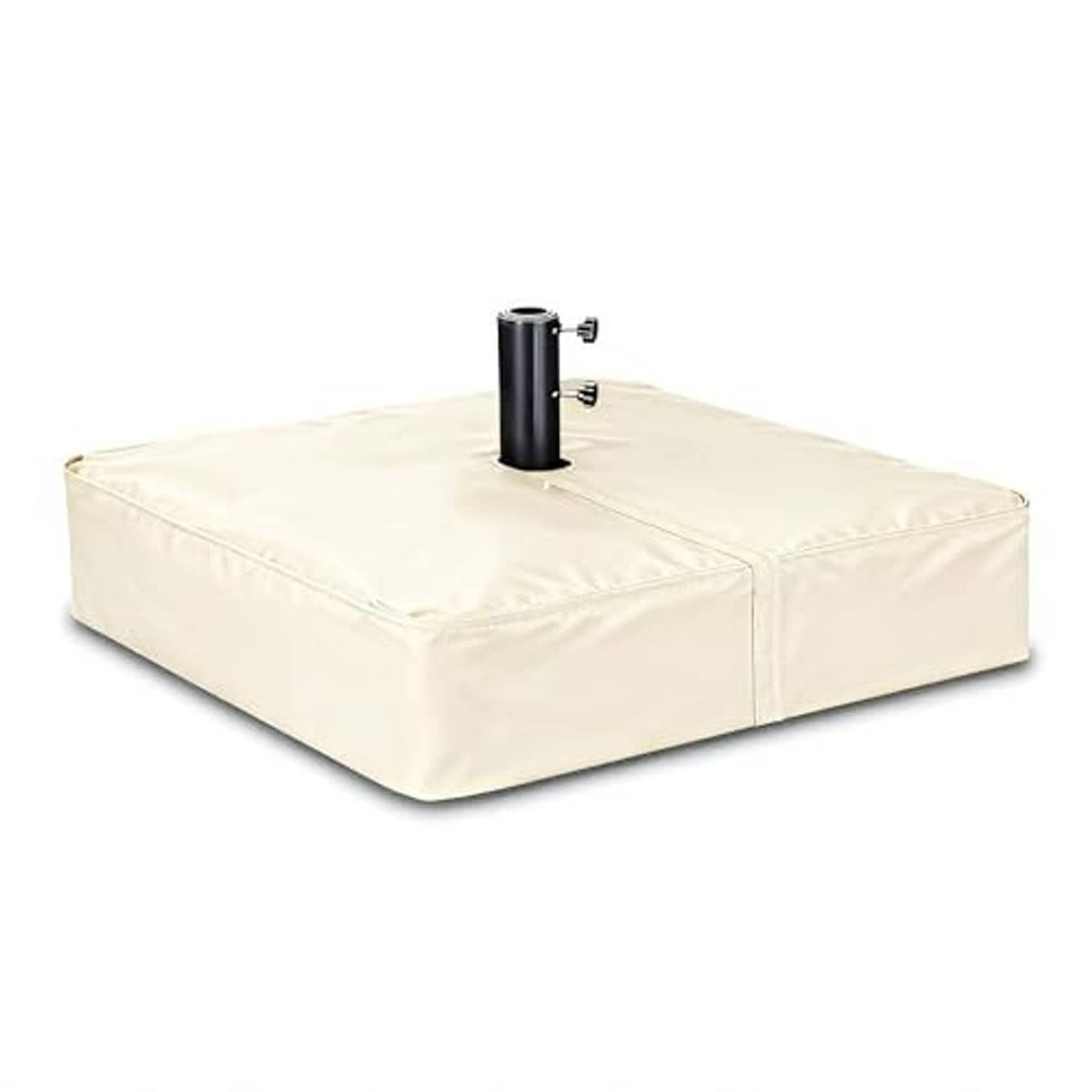 Beige umbrella base cover with black pole through center opening, box cover