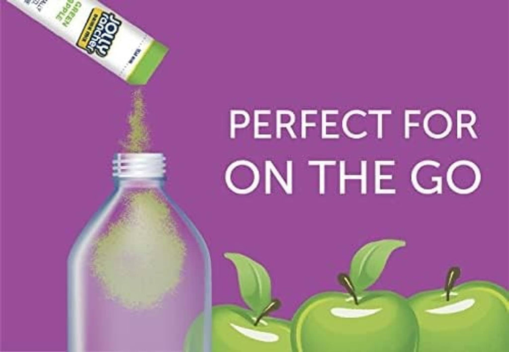Green apple drink mix sachet graphic with 'Perfect for on the go' text