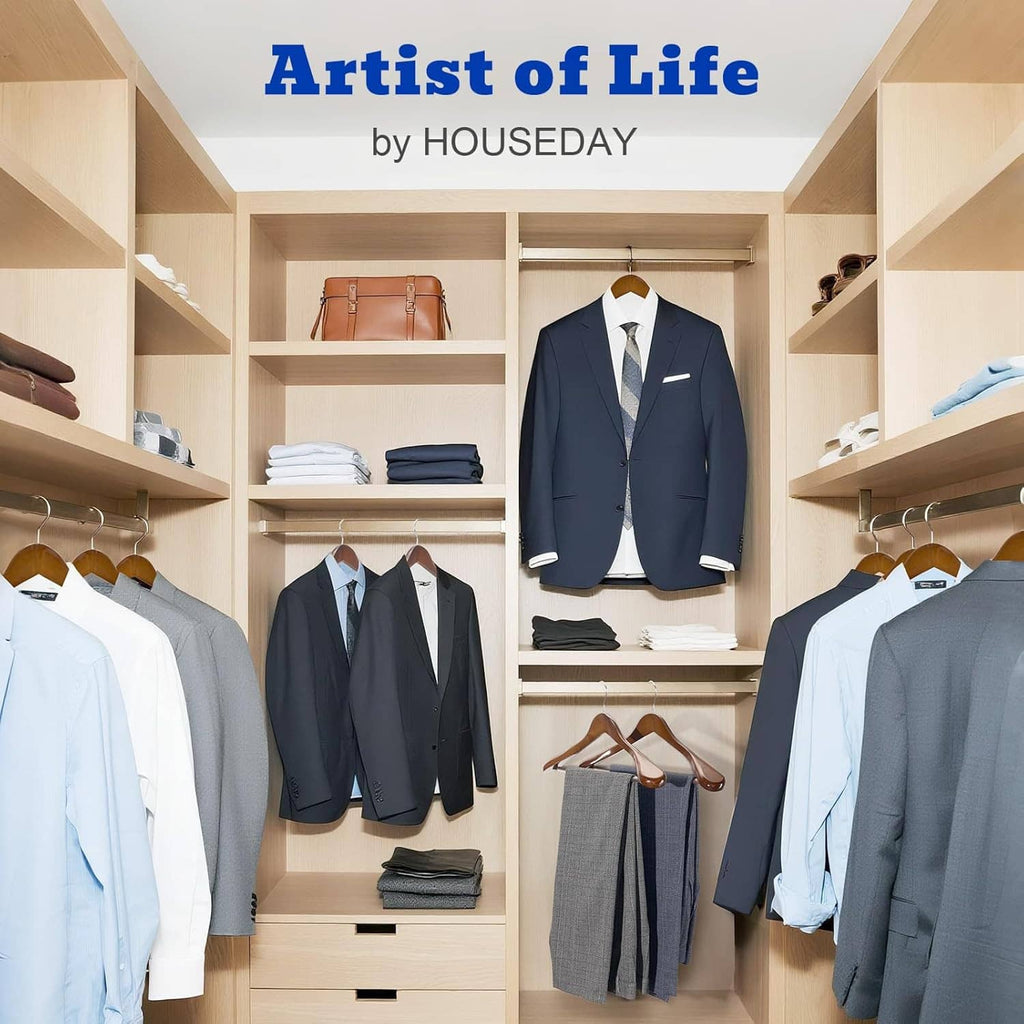 Wooden suit hangers on a closet rod holding jackets and suits