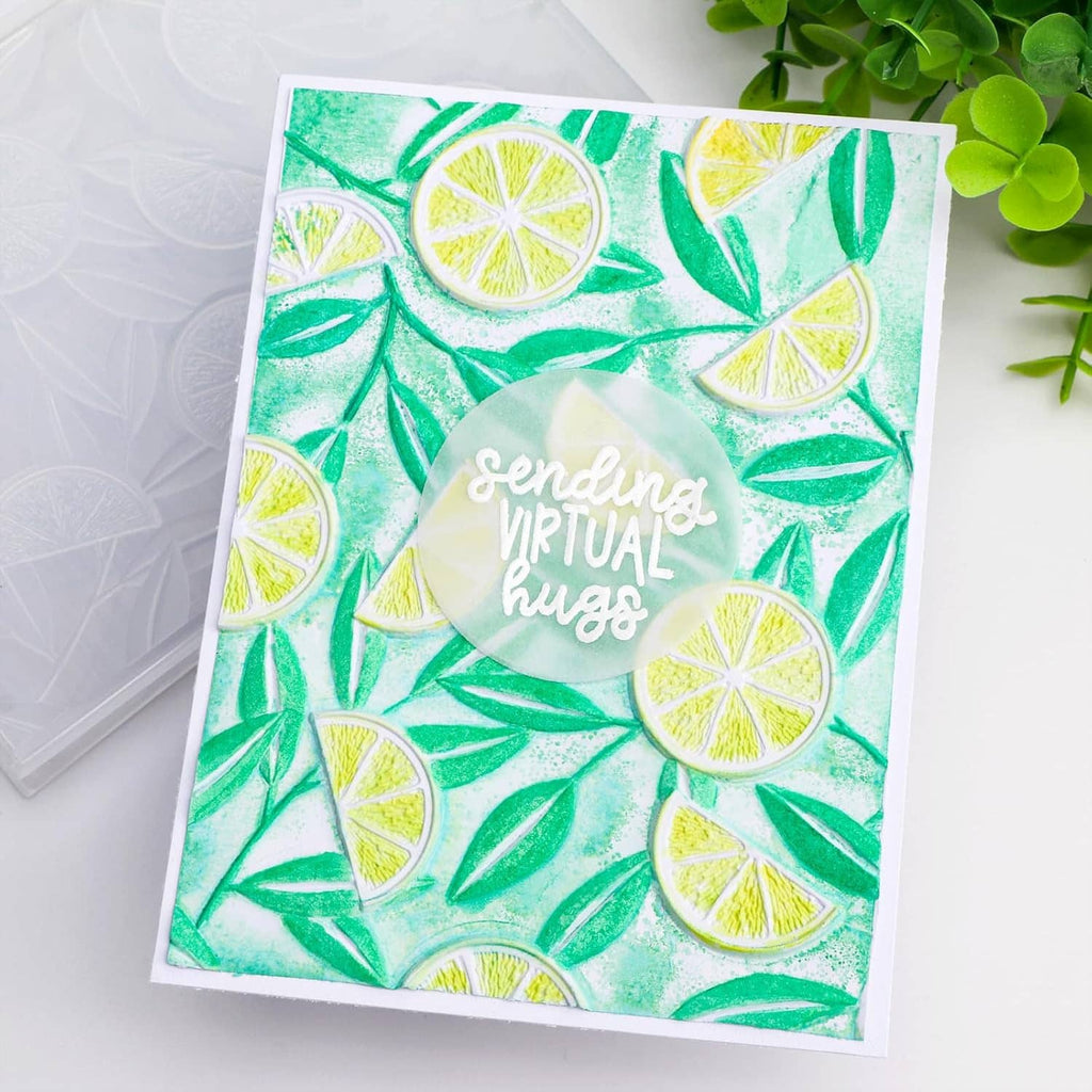 Embossed card panel with textured lemon slice and leaf pattern