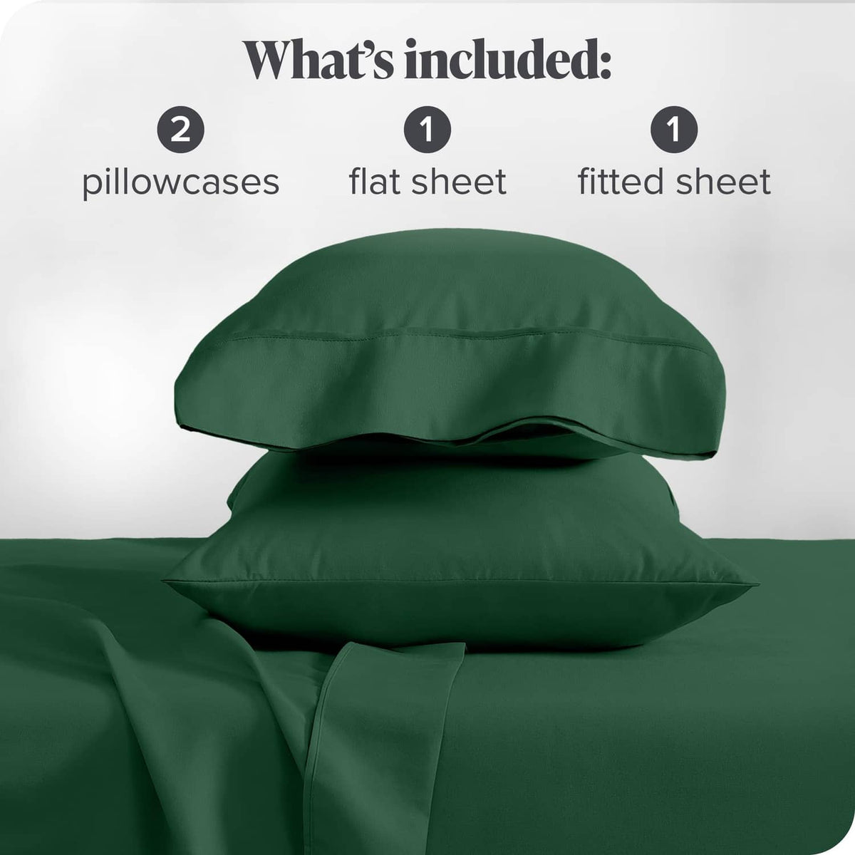 Forest green bed sheet set, folded fitted sheet and flat sheet with pillowcase