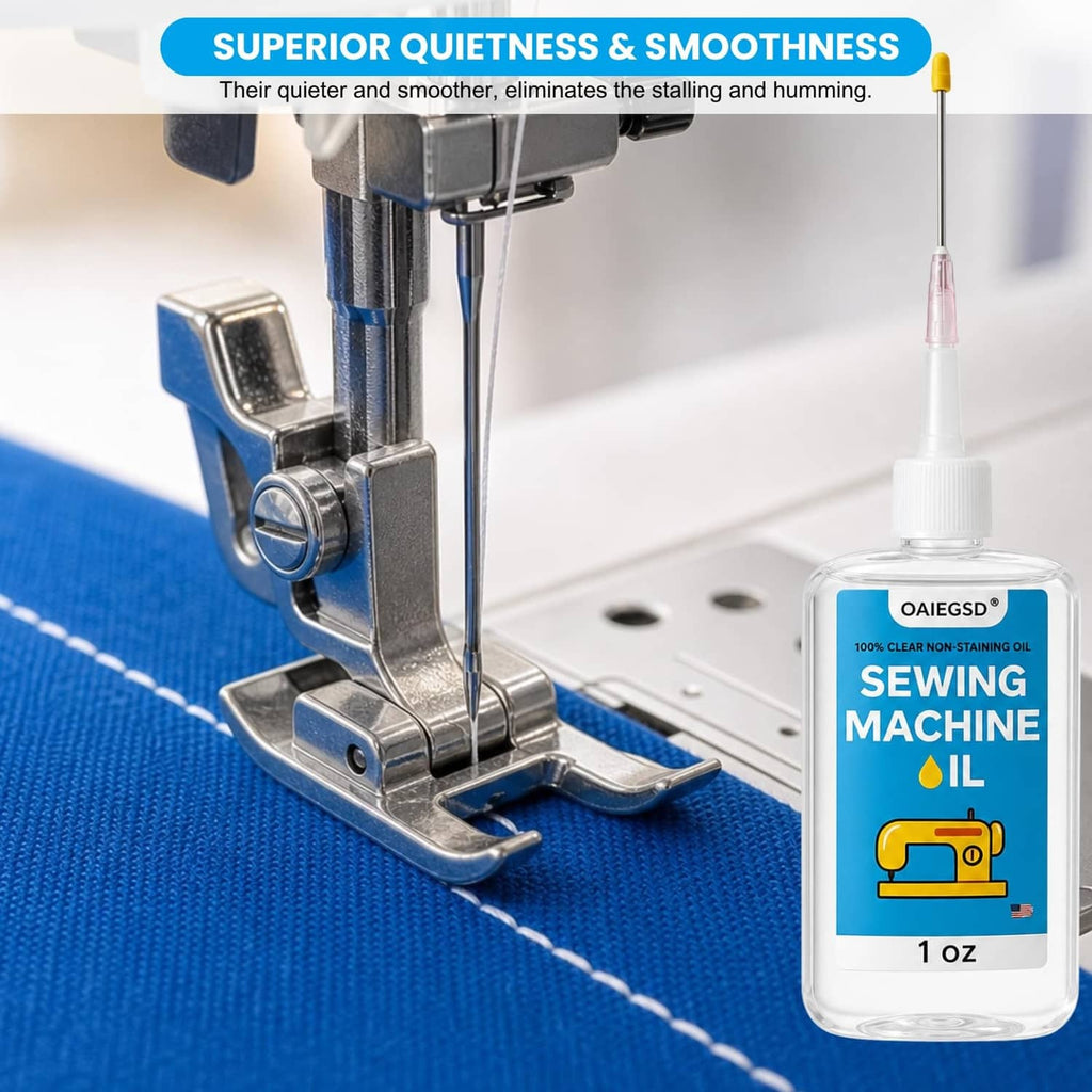 Sewing machine presser area with clear oil bottle and precision applicator tip