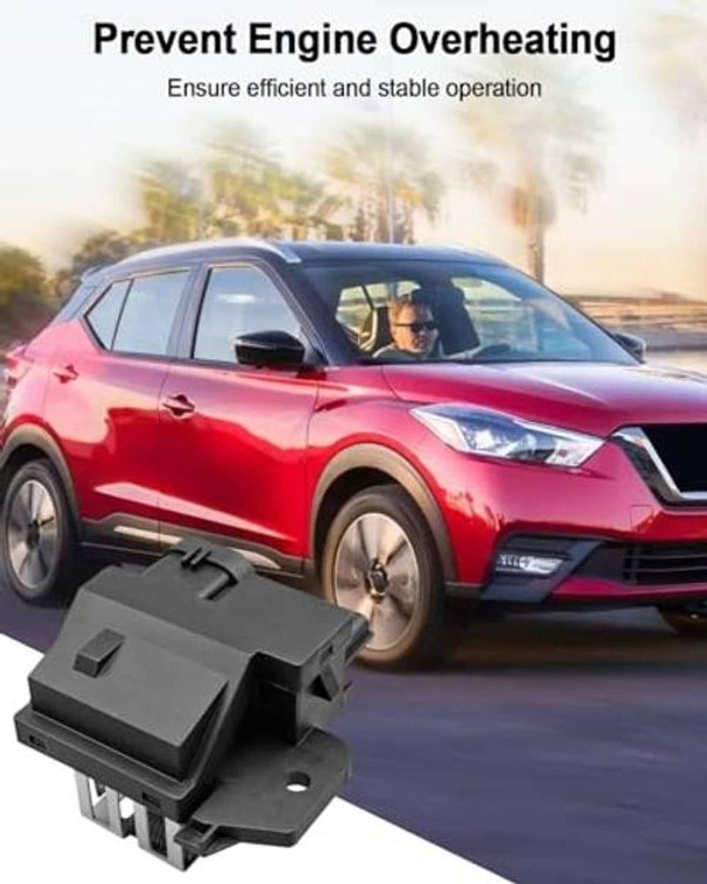 Black engine cooling fan relay with multi-pin connector shown near front of vehicle