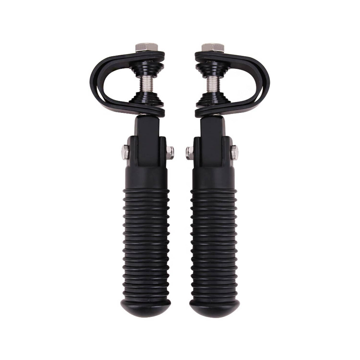 Two black motorcycle highway foot pegs with U brackets, threaded bolts, and ribbed grips