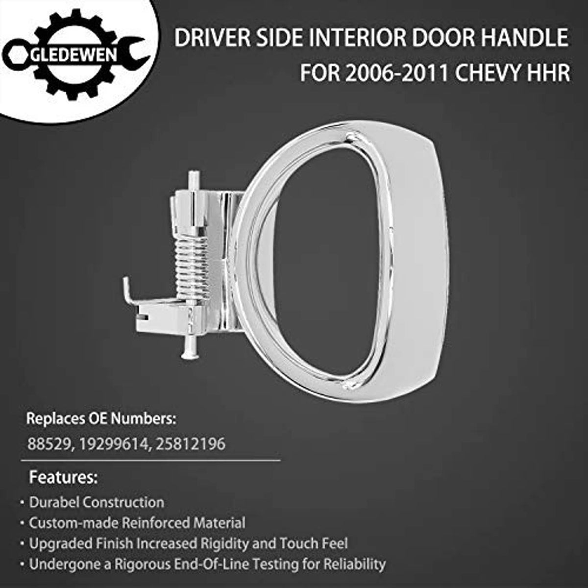 Chrome driver-side interior door handle with oval bezel, mounting post and spring